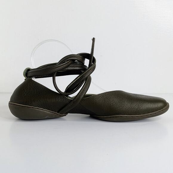 Trippen Ankle Tie Flats 41 Green Leather Artsy Designer Avant Garde Minimalist - Picture 7 of 10